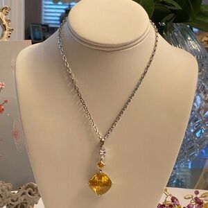 Vintage Citrine Crystal 24Ct Clear CZ Silver Tone Pendant Necklace